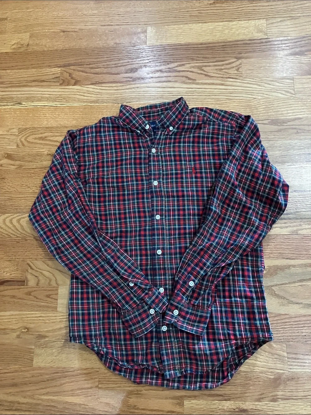 Ralph Lauren Boys Red & Black Plaid Button-Down Shirt with Red Pony Sz 16/18 GUC